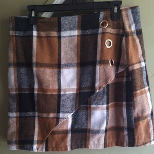 Grommet Plaid Wrap Mini Skirt - Brown & Black